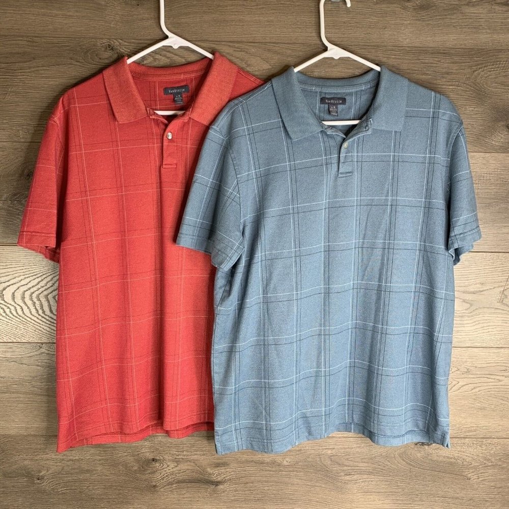 Van Heusen Polo Mens Size L Plaid Short Sleeve Shirts 1 Red & 1 Grey Lot Of 2
